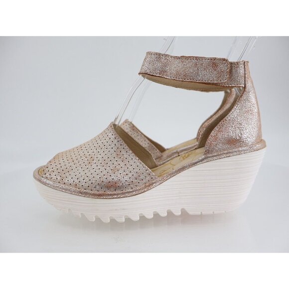 Fly London Women Yake Sandal Size 37 6 Pearl Leather Slingback Wedge Platform - Picture 4 of 13